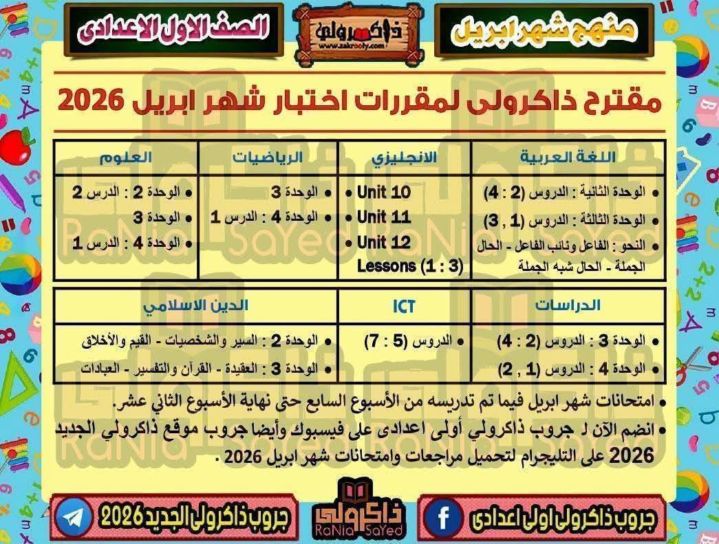 مقرر شهر أبريل الصف الأول الإعدادي الترم الثاني 20